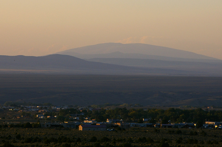 San Antonio Mountain at dusk as seen from south of Taos, New Mexico.